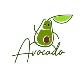 Avocado icon, vector healthy food emblem with cheerful cartoon smiling tropical fruit character with a seed, green body, and leaf on top, combined with playful handwritten typography spelling avocado
