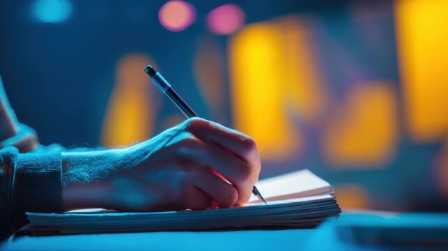 A close-up of a person writing in a notebook, capturing creativity and inspiration in a vibrant atmosphere.