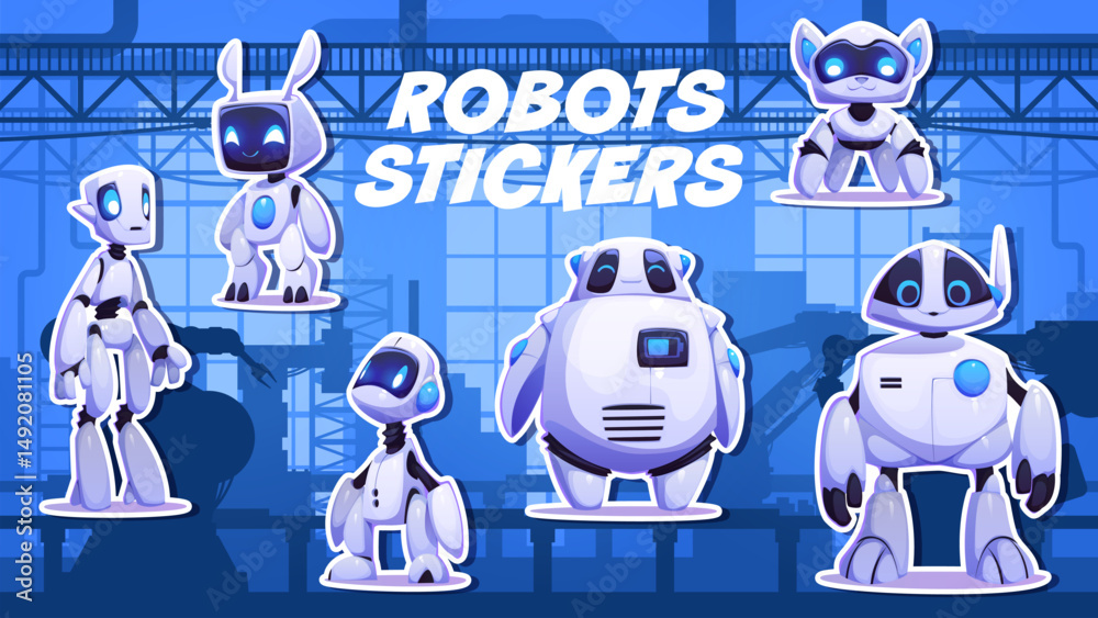 Fototapete cartoon futuristic robot characters and digital droids, vector stickers pack. cartoon toy cyborgs or