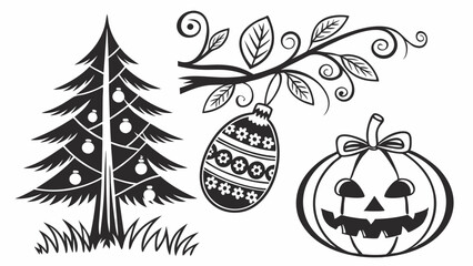 Black and White Seasonal Holiday Illustrations Christmas Tree Easter Egg Halloween Pumpkin Art Set