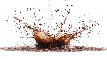 A dynamic splash of dark brown liquid, creating a crown-like form against a stark white background.  The liquid is rich and textured, with droplets flying outwards
