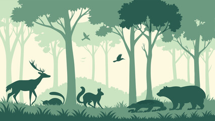 Green Forest Scene Illustration with Wildlife Silhouettes Deer Bear Fox Squirrel Badger Hedgehog Birds