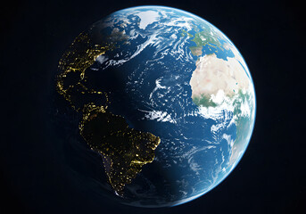 Fototapeta premium Earth Planet from Space 3D Render of World Globe with Continents and City Lights at Night.