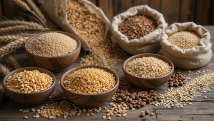 Assorted Grains and Seeds Displayed in Wooden Bowls and Sacks on Rustic Wooden Background