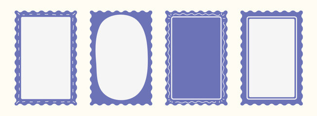 Hand drawn Italian postcard stamp set. Vintage Italy summer doodle border set. Whimsical minimal blue frames, mediterranean elements for menu, wedding, prints, invitation. Coastal Isolated Vector illu