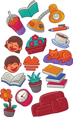 icon vector set of elements reading a book full
