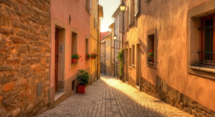 Obraz premium Sunlit cobblestone lane between aged buildings, flowers in window boxes, warm tones