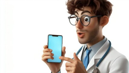Cartoon-style expressive male doctor in modern hospital setting gestures while giving a medical advice using smartphone. Ideal for educational or healthcare animation. AI generative 4K video