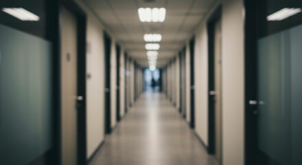 Blurry image of a long office corridor with doors on either side, leading to a distant, dimly lit area