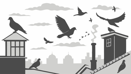 Black and White Silhouette Vector Illustration of Pigeons Flying and Perching on Urban Rooftops with Skyline