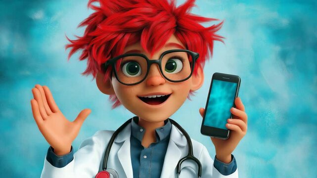 Funny Cartoon expressive male doctor in modern hospital setting gestures while explaining a medical situation using cell phone. Ideal for educational or healthcare animation. AI generative 4K video