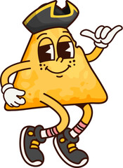 Groovy fast food pirate or nachos chip corsair with funny face vector cartoon character. Groovy fast food snack of Mexican nacho as Caribbean corsair in pirate tricorn hat or sailor skipper with smile