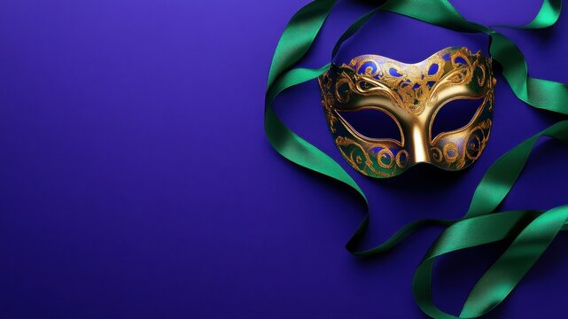 Carnival mask, green ribbon on a dark background - Powered by Adobe