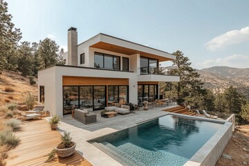 Fototapeta premium Modern home with a pool, outdoor furniture, and mountain views. Showcasing real estate, architecture, or luxurious vacation rentals.