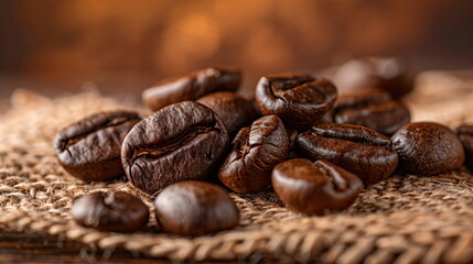Naklejka premium Macro close up of roasted coffee bean pile on ground coffee ingredient for brewing morning beverage. Fresh delicious flavor and aroma concept for food or drink media marketing.