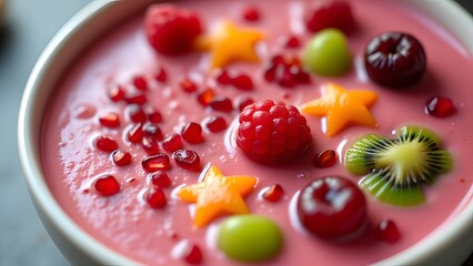 Delicious Pink Smoothie Bowl with Fresh Berries, Kiwi and Pomegranate