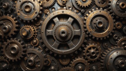 Close Up of Vintage Rusty Gears and Cogs in Intricate Mechanical Arrangement