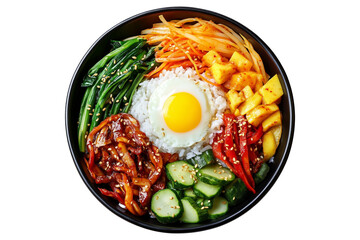 Fototapeta na wymiar Korean bibimbap dish with fresh vegetables, fried egg, and gochujang sauce in black bowl isolated on white transparent background, concept of healthy food