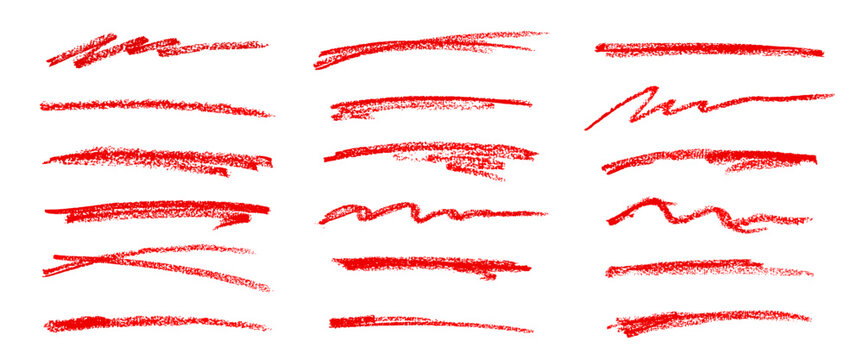 Underline red crayon, scribble stroke pencil lines. Vector set of red hand drawn crayon underline marks and strokes with rough textured sketchy lines, artistic doodle decorations for highlighting text