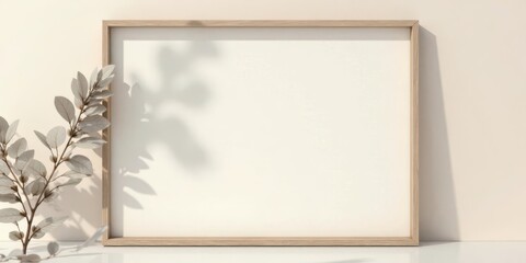 Fototapeta premium Simple Wooden Frame Mockup with Greenery and Shadow Play on Neutral Background