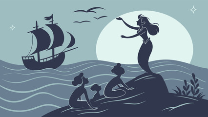 Mystical ocean silhouette art mermaids on rocks gaze at a sailing ship under a large sun illustration