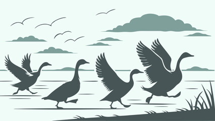 Obraz premium Monochrome Silhouette Geese Running by Water Flying Birds Illustration