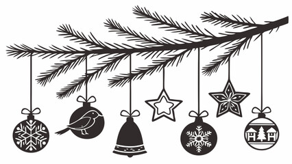 Detailed monochrome illustration of a Christmas branch with hanging holiday ornaments baubles stars bell snowflake bird house