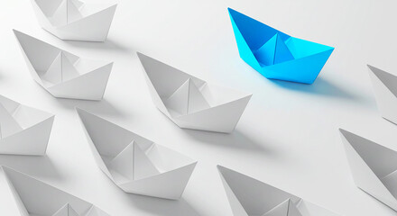 A blue paper boat leading a group of white paper boats on a white surface in a studio setting