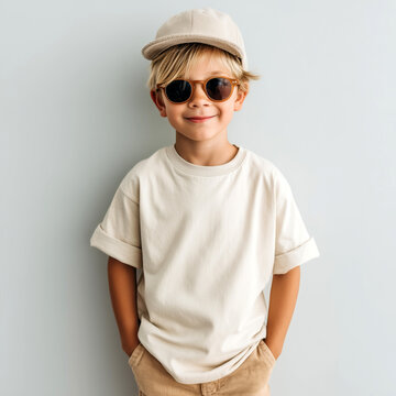 Little cute boy model in sunglasses, baseball cap, basic crewneck tee, shorts, standing in room. Short sleeve shirt mockup indoors. Children's casual shirt. Kids nature shirt mockup