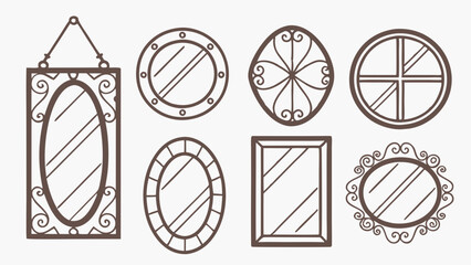 Decorative Mirrors and Frames Collection Vintage Style Oval Round Rectangular Shapes Line Art Set