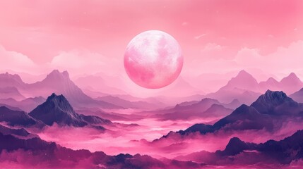 Fototapeta premium Surreal pink lunar landscape with mountains and misty sky