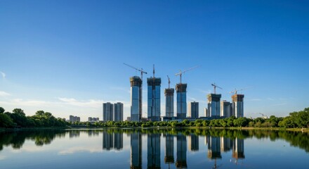 Obraz premium Skyscrapers under construction near a lake, reflecting in still water