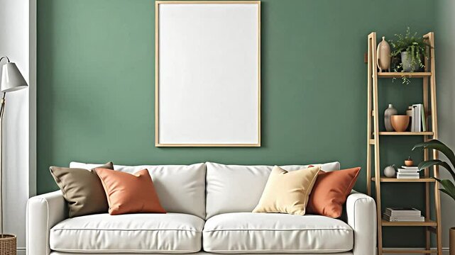 a living room interior showcasing a comfortable sofa with scatter cushions in complementary colors