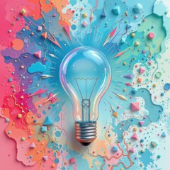 A glowing lightbulb radiates creativity amid a vibrant, colorful abstract background with geometric shapes and splashes.