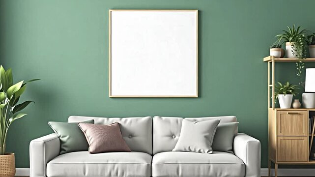 the image presents a modern living room composition with a comfortable sofa situated against a eucalyptus green wall. the wall showcases a clean, unframed poster, allowing for versatile customization