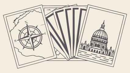 Monochrome Line Art Illustration of Travel Cards Map with Compass and Dome Building