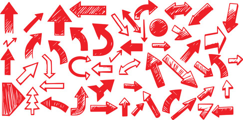Red crayon arrow collection with diverse directional markers on white background. Hand drawn pointers for infographics, presentations or education design. Brush stroke indicators with grunge texture.