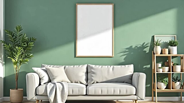 the image presents a modern living room composition with a comfortable sofa situated against a eucalyptus green wall. the wall showcases a clean, unframed poster, allowing for versatile customization