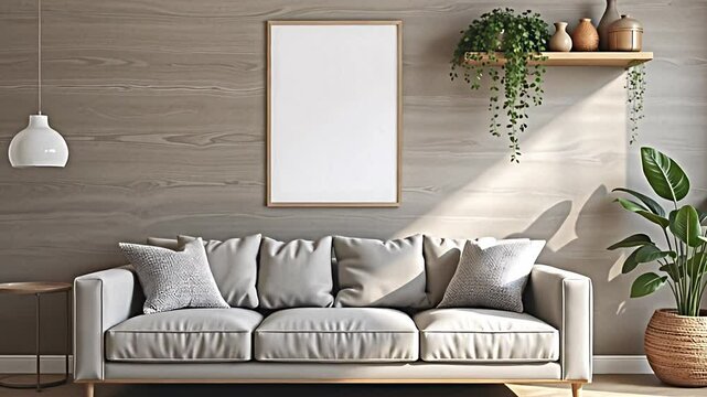 a beautifully composed living room featuring a stylish sofa with textured cushions. a eucalyptus wall acts as the backdrop, punctuated by a solitary, unframed poster ready for insertion