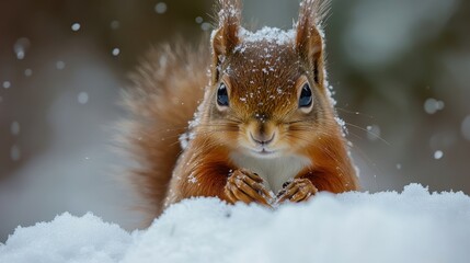 Adorable squirrel in snowy winter wonderland with snowflakes glistening