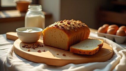 Artisan Nut Loaf Bread Sliced on Wooden Board
