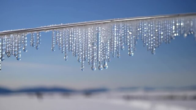 Rows of clear icicles hang from a metal bar, with a bokeh background on a sunny day