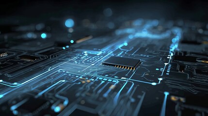 High-resolution 2D illustration of an abstract futuristic electronic circuit background featuring glowing neon traces, intricate digital pathways, and seamless mesh design for cutting-edge technology.