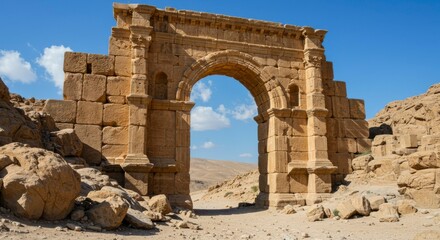 Ancient archway in a desert landscape.  A historical stone archway, remnants of a bygone era