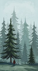 Fototapeta premium Misty Pines: Solitude in Green and Gray