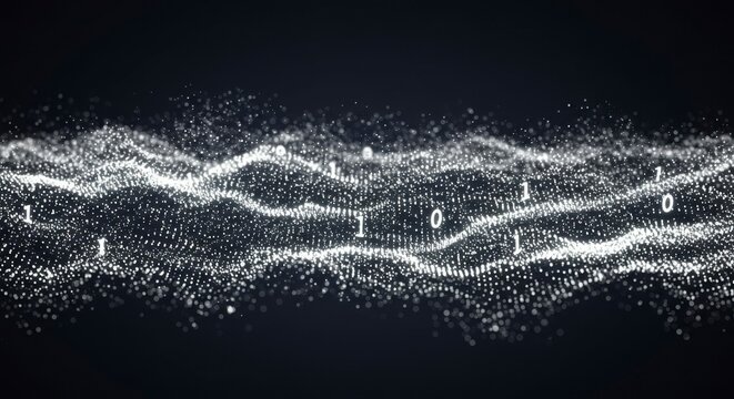 Abstract digital wave of glowing particles forming undulating pattern with binary code