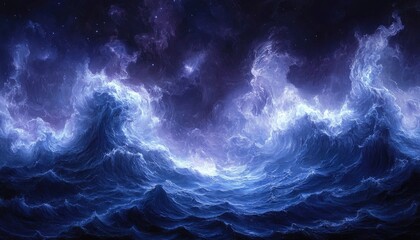 Fototapeta premium Dramatic ocean waves meet starry sky, dreamy blue and purple tones. Perfect for fantasy themes, book covers, or evocative backgrounds.