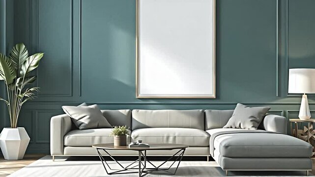 an elegantly appointed living area showcases a sophisticated eucalyptus colored wall against which a sleek, modular sofa sits