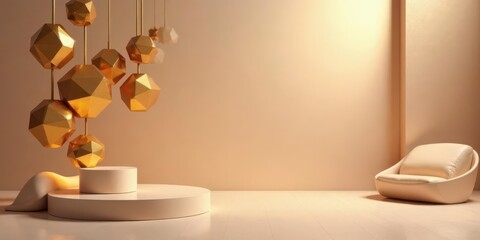 Elegant Golden Geometric Lamps Hanging Above a Minimalist Display Platform and Modern Chair