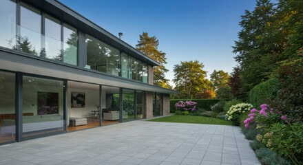 Modern home exterior with patio and lush garden
